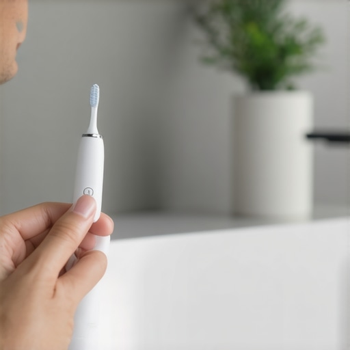 Person gently brushing teeth with an electric toothbrush in a bathroom