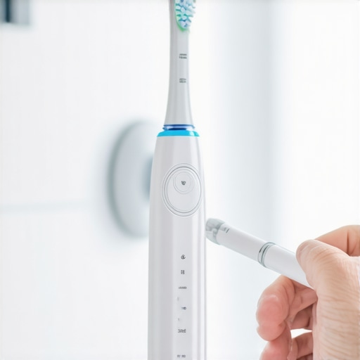 Modern electric toothbrush with pressure sensor Person brushing teeth with an electric toothbrush featuring pressure sensors.