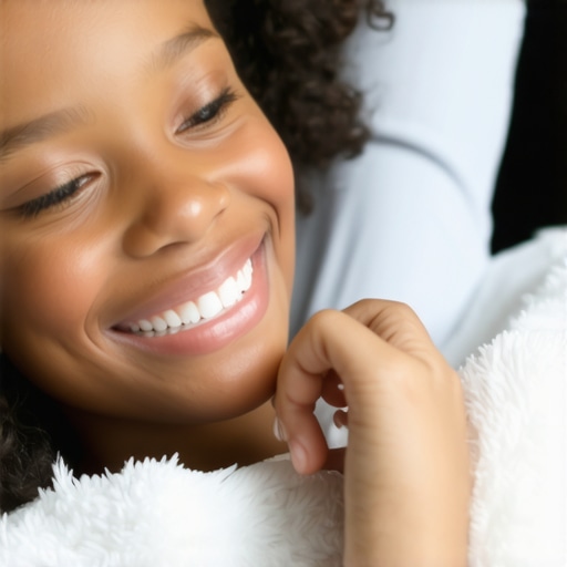 Parent and child smiling during retainer placement