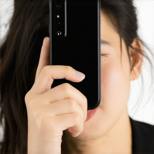 Person adjusting camera angles in front of a mirror to enhance photo lighting and composition