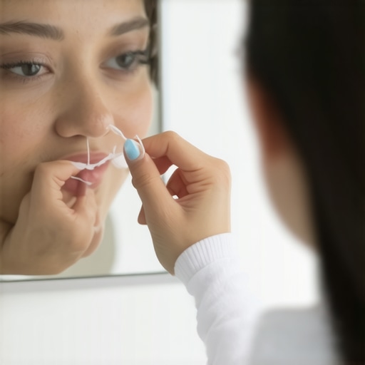 Person demonstrating how to floss teeth correctly in a bathroom mirror.