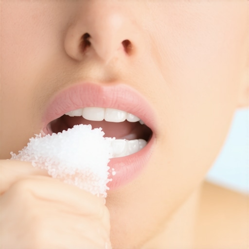 A person swishing warm salt water in their mouth to reduce dental infection