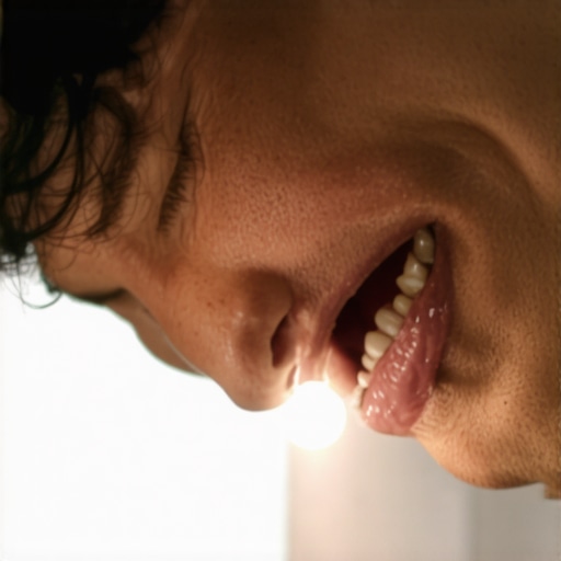 Person inspecting their mouth for signs of dental problems with mirror and light.