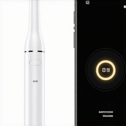 Close-up of a modern electric toothbrush connected to a smartphone showing brushing data.