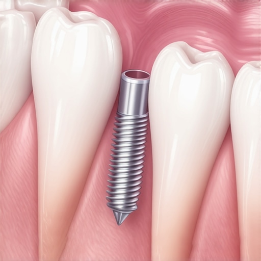 Medical diagram showing osseointegration and bone grafting around a dental implant.
