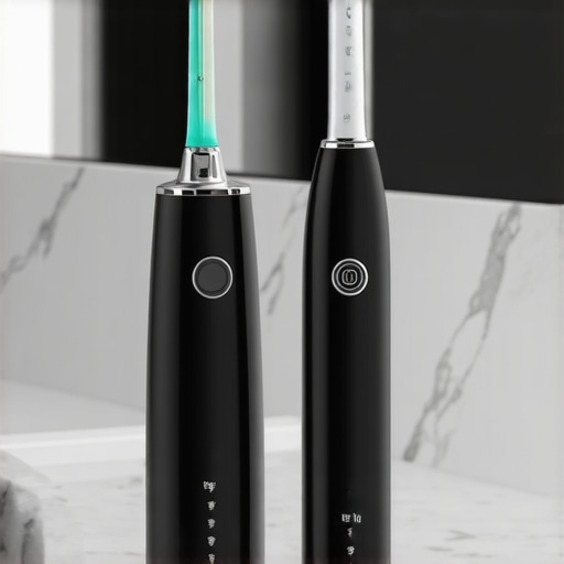 A water flosser and electric toothbrush on a bathroom counter representing post-cleaning maintenance.