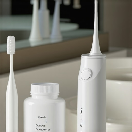A water flosser and coconut oil used for a comprehensive oral health routine.