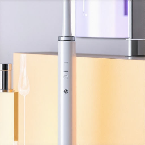 Close-up of an electric toothbrush and water flosser on a marble counter