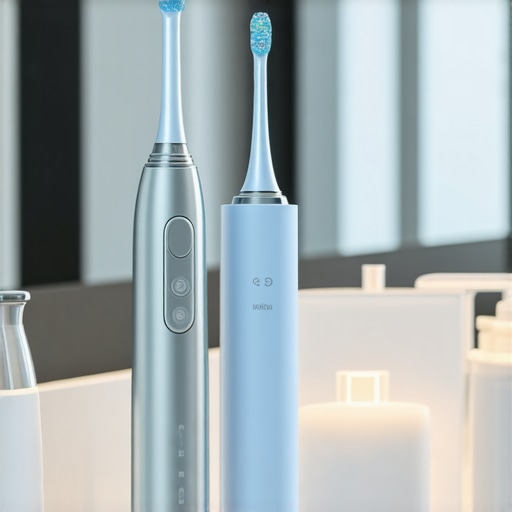 Advanced Dental Care Tools for Long-Term Maintenance Electric toothbrush and water flosser on a marble countertop symbolizing professional home oral care.