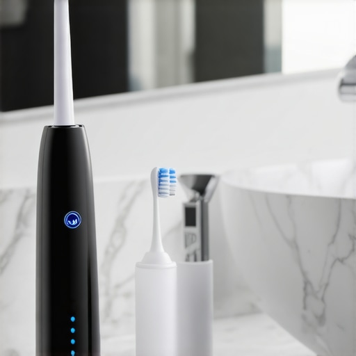 High-tech water flosser and electric toothbrush on a bathroom counter for oral health maintenance.