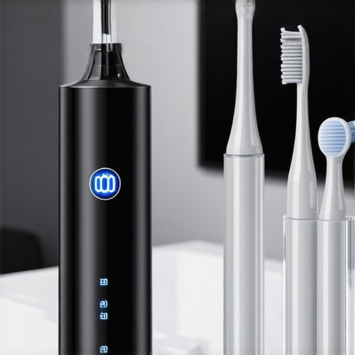 A collection of high-tech dental tools including a water flosser and electric toothbrush on a marble counter.