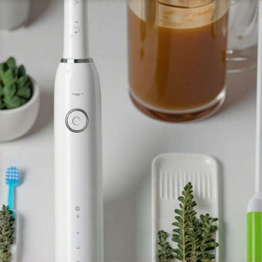 Advanced Dental Tech Stack for Tea Lovers Sonic toothbrush and water flosser on a bathroom counter next to a cup of tea.