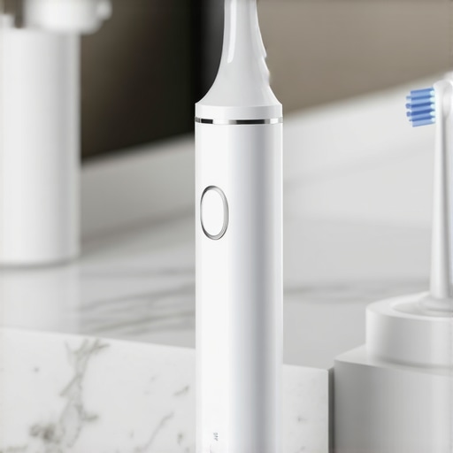 A high-tech electric toothbrush and water flosser on a bathroom vanity