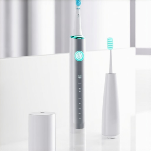 Modern electric toothbrush and water flosser on a bathroom counter for oral health maintenance.
