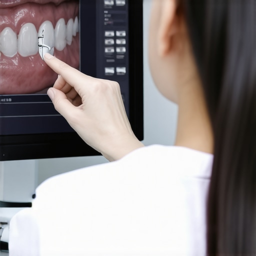 Advanced Digital Dental Assessment Dentist analyzing a 3D digital dental scan with a patient.