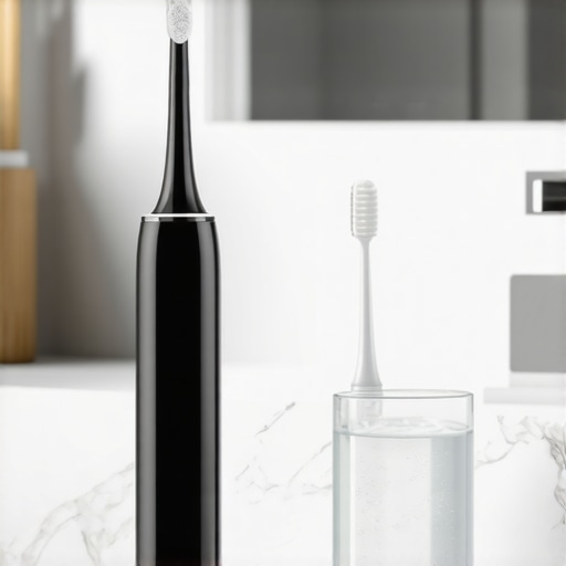 Electric toothbrush and water flosser on a modern bathroom vanity