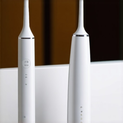 High-tech electric toothbrush and water flosser on a bathroom counter for oral health maintenance.