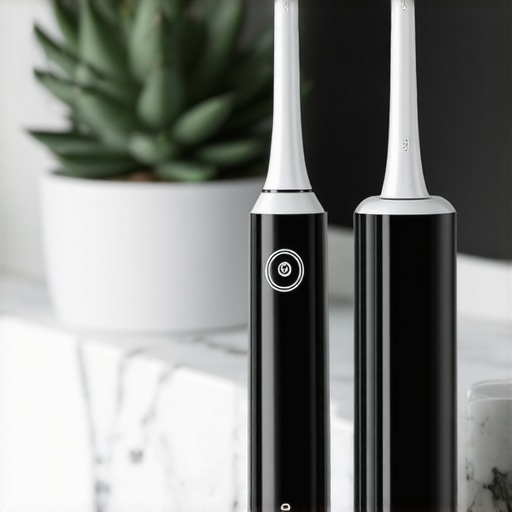 A modern electric toothbrush and water flosser on a bathroom counter