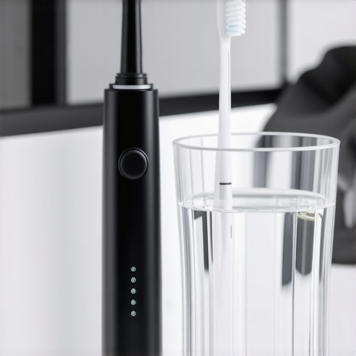 A modern electric toothbrush and water flosser on a bathroom counter representing advanced oral hygiene maintenance.
