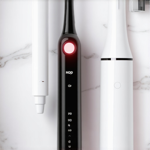 Advanced Oral Care Tools for Gum Health An electric toothbrush with a pressure sensor and a water flosser on a bathroom counter.