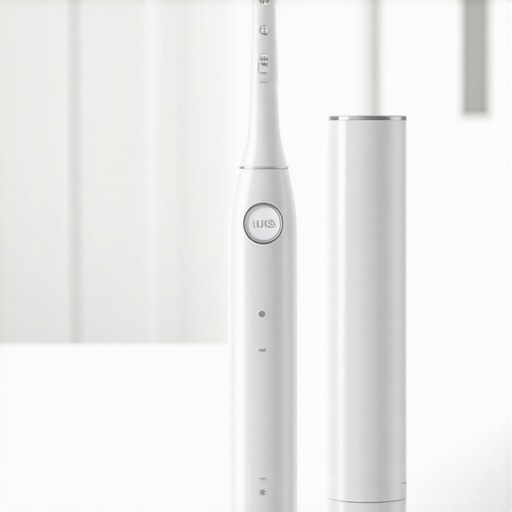 Advanced Oral Care Tools for Home Maintenance A modern electric toothbrush and water flosser on a minimalist bathroom vanity.