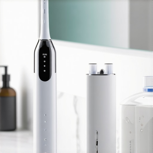 Electric toothbrush with pressure sensor and water flosser on a bathroom counter