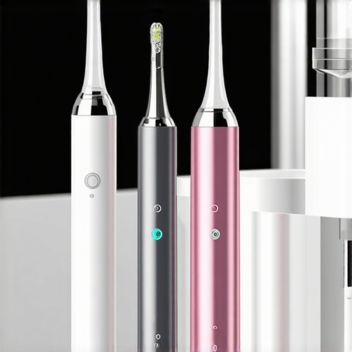 A high-tech electric toothbrush and water flosser on a bathroom counter representing modern dental maintenance.