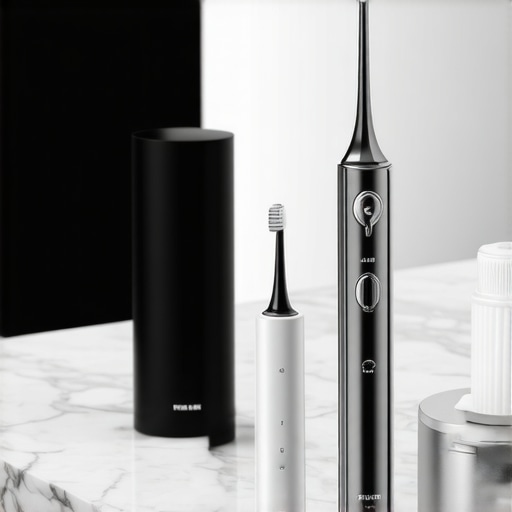 A collection of high-tech dental tools including a water flosser and sonic toothbrush on a clean bathroom counter.