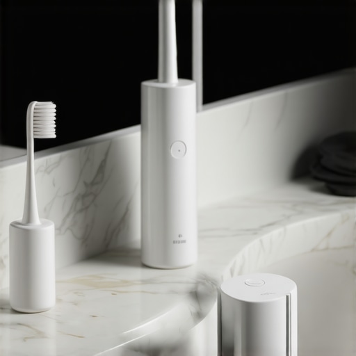 High-tech electric toothbrush and water flosser on a bathroom counter