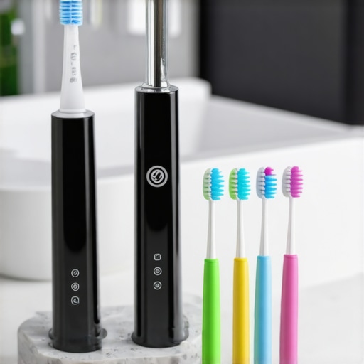 Advanced Oral Hygiene Tools for Restorative Care A collection of specialized dental tools including a water flosser and interdental brushes on a clean bathroom counter