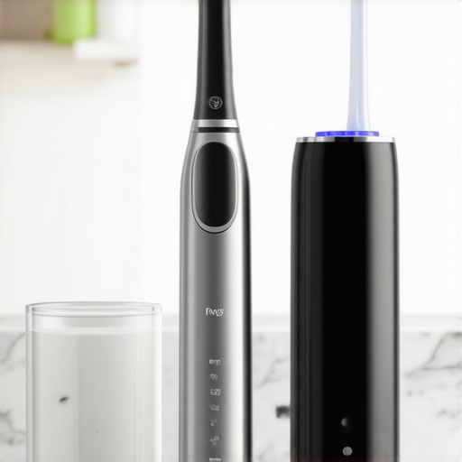 A collection of high-end oral hygiene tools including a water flosser and tongue scraper.