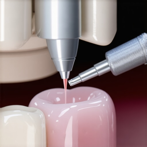 Close-up of a dentist performing a non-invasive cosmetic procedure on tooth enamel