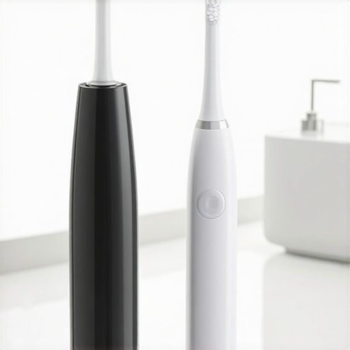 High-tech toothbrush and water flosser on a bathroom counter