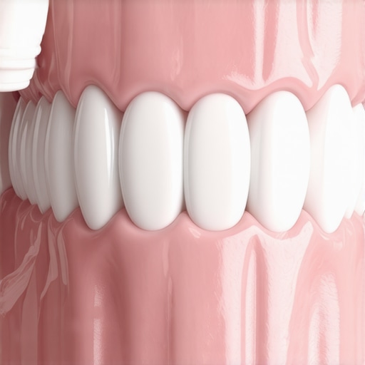 Close-up of a patient using a water flosser with a plaque-seeking tip on a dental bridge.
