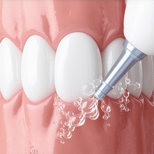 Close up of a water flosser cleaning a dental bridge to maintain oral health.