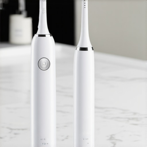 Advanced dental maintenance tools for home use An electric toothbrush and water flosser on a modern vanity representing advanced oral hygiene.