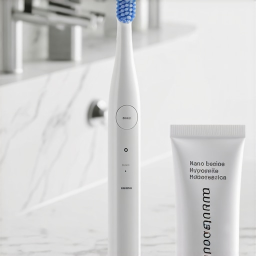 Sonic toothbrush and nano-hydroxyapatite toothpaste on a bathroom vanity