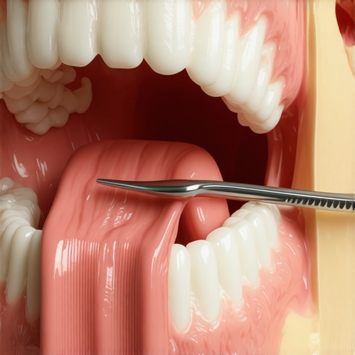 Advanced tongue anatomy and scraping technique Close-up of a tongue scraper being used on a dental model to show biofilm removal.