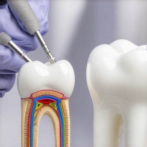 Anatomical tooth model and dental tool Dental professional explaining tooth layers and enamel health