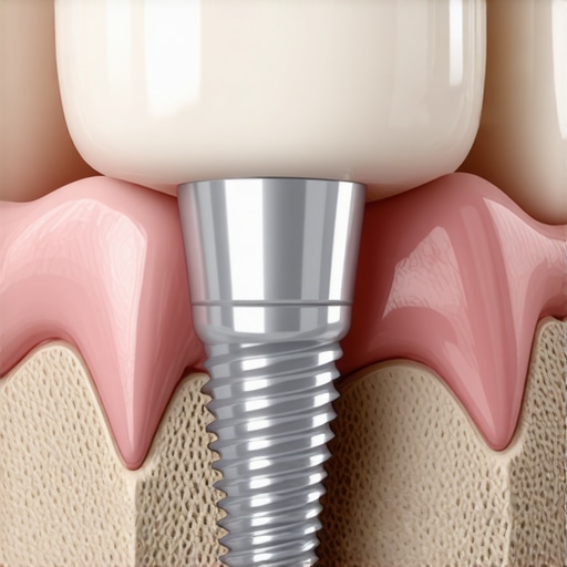 Anatomy of a Modern Dental Implant 3D medical illustration showing a dental implant integrated into the jawbone independently from neighboring teeth.