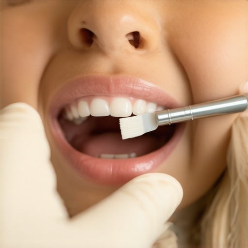 Close-up of a dentist applying dental sealant to a molar tooth.