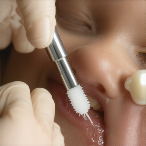 A dentist gently painting SDF liquid onto a child's molar tooth using a micro-brush.