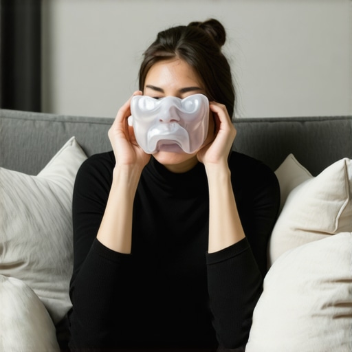 A person using an ice pack on their jaw to reduce dental surgery swelling while sitting upright.