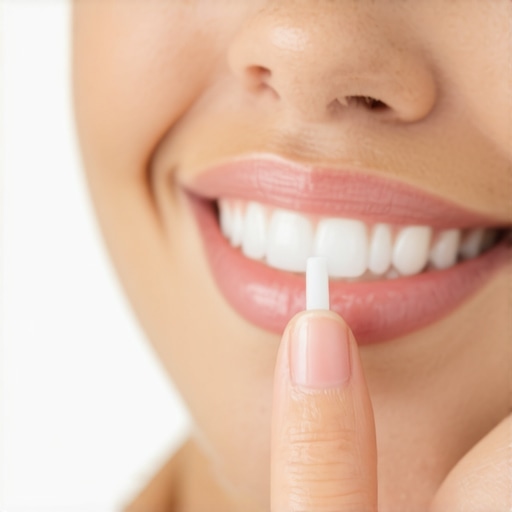 Close up of finger applying toothpaste to sensitive teeth after cleaning