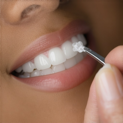 A close-up view showing a person applying dental wax to the back of their lower teeth to cover a sharp permanent retainer wire.
