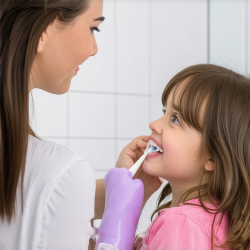 Parent helping a child with an arm cast brush their teeth using a supportive posture from behind