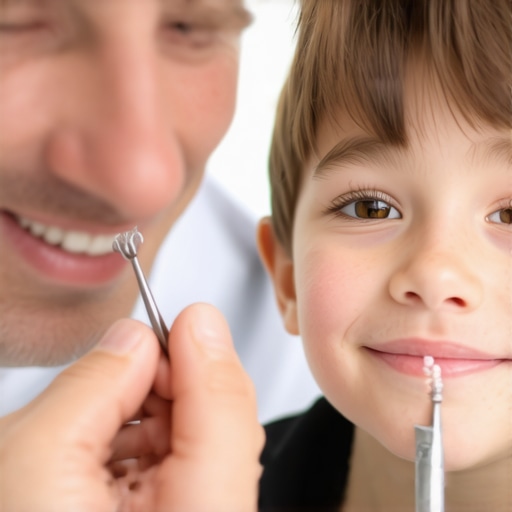 A young child observing dental tools during a calm morning appointment.