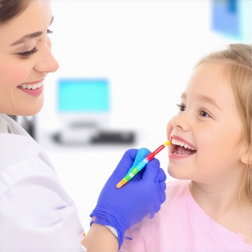 A pediatric dentist explains dental tools to a child to reduce anxiety.