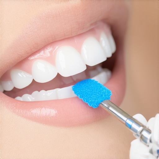 A dentist checking the occlusion and bite path of a patient's front teeth using blue articulating paper.