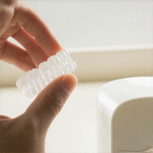 A clear dental retainer being inspected to stop teeth from shifting.